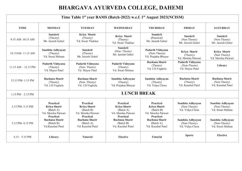 1st Year BAMS TIME TABLE